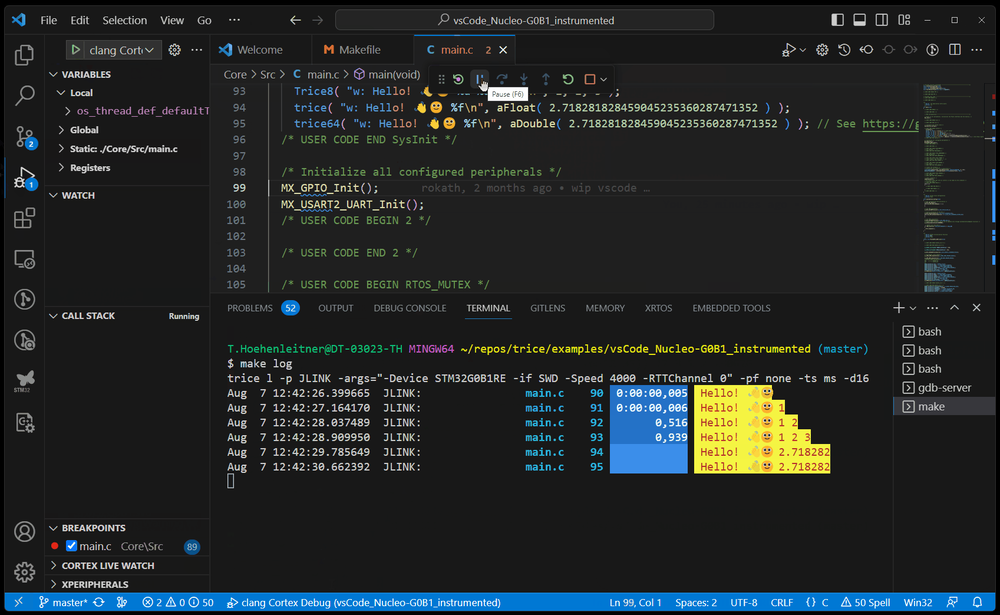 Trice output during a debugging session